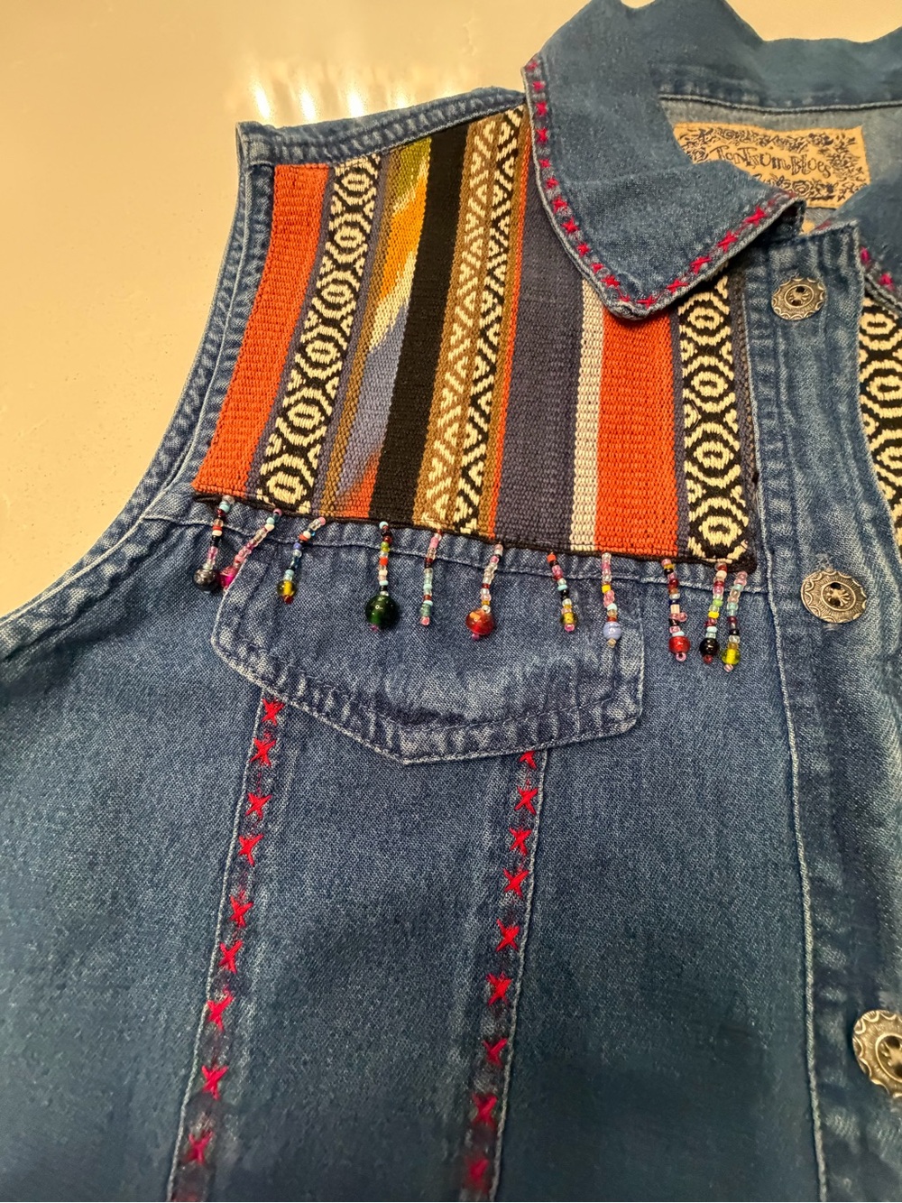 Vintage Southwestern Tantrum Blues Denim Beaded Vest w/ Multicolor Aztec Yoke PL - Picture 7 of 16